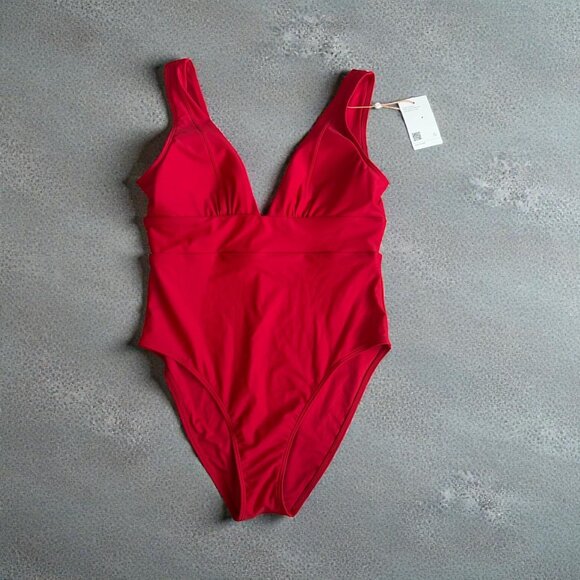 QUINCE Red Italian Plunge One Piece Swimsuit Bathing Suit Size Large NEW NWT - Picture 1 of 10